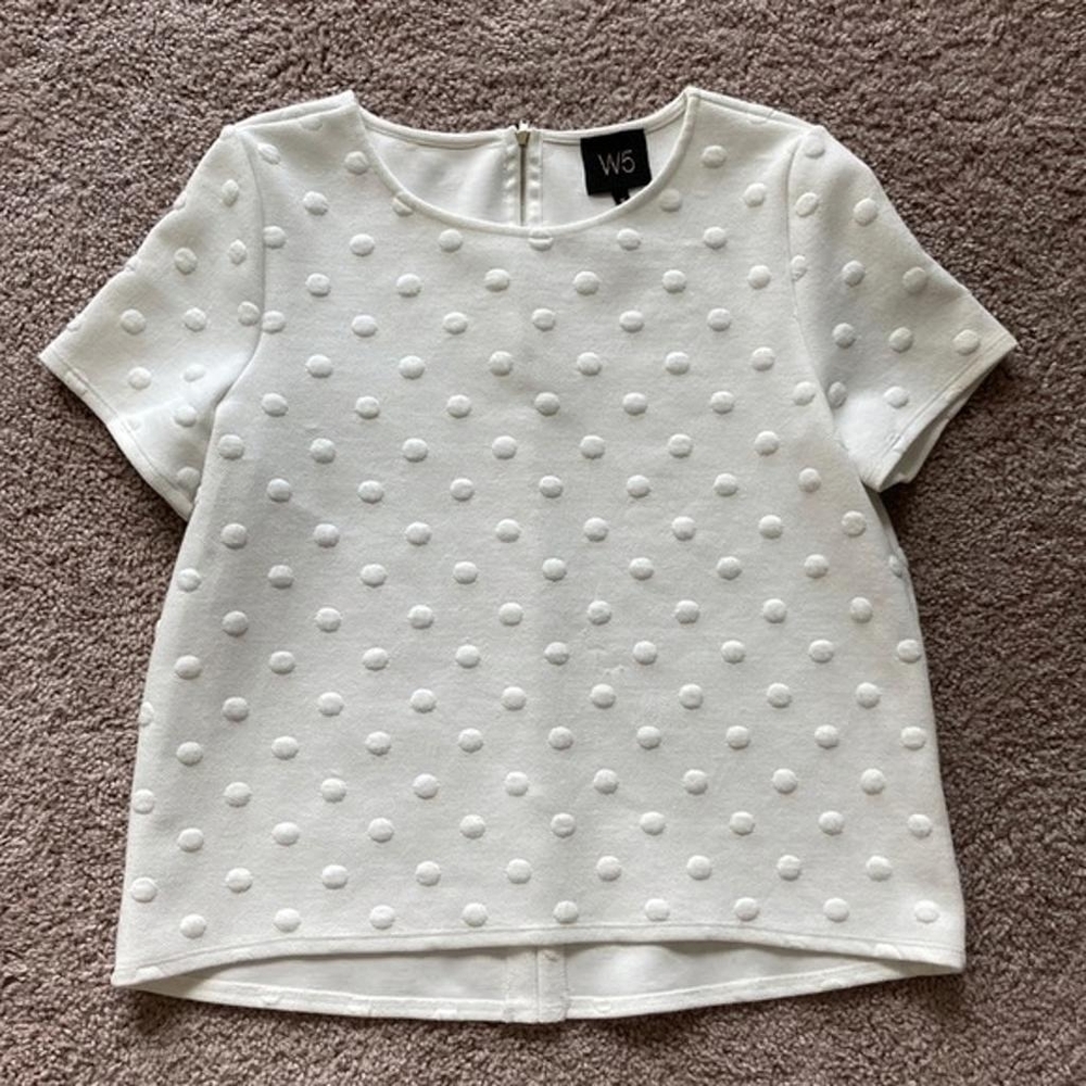 W5 Polka Dot White Short Sleeve Top Zipper Detail Women’s Size Medium Office - Picture 1 of 1
